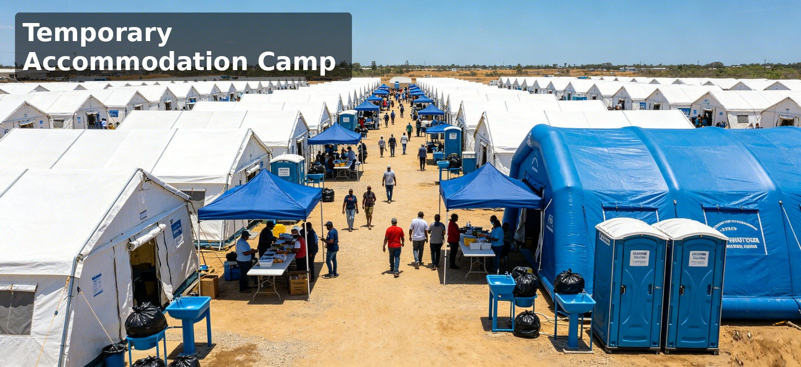 Temporary accommodation camp combining shelters and support points for bulk procurement review