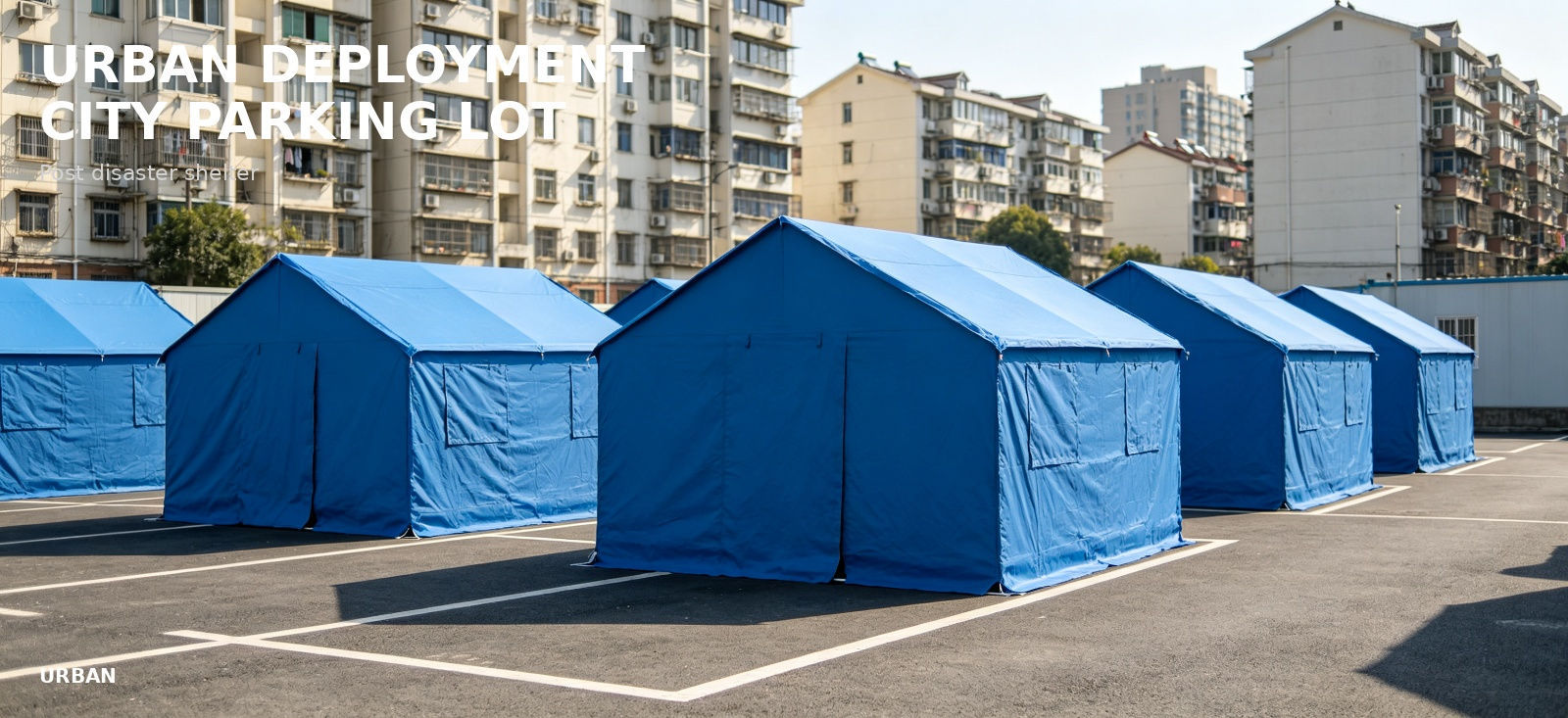 Blue frame tents deployed in an urban parking area for procurement review and temporary camp planning
