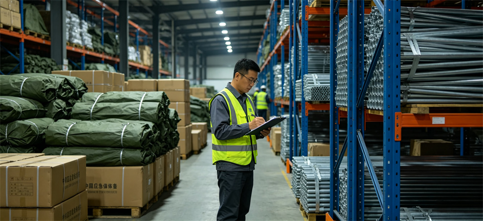 A warehouse worker checks stored tent fabric and packed components for bulk procurement review A warehouse worker checks stored tent fabric and packed components for bulk procurement review