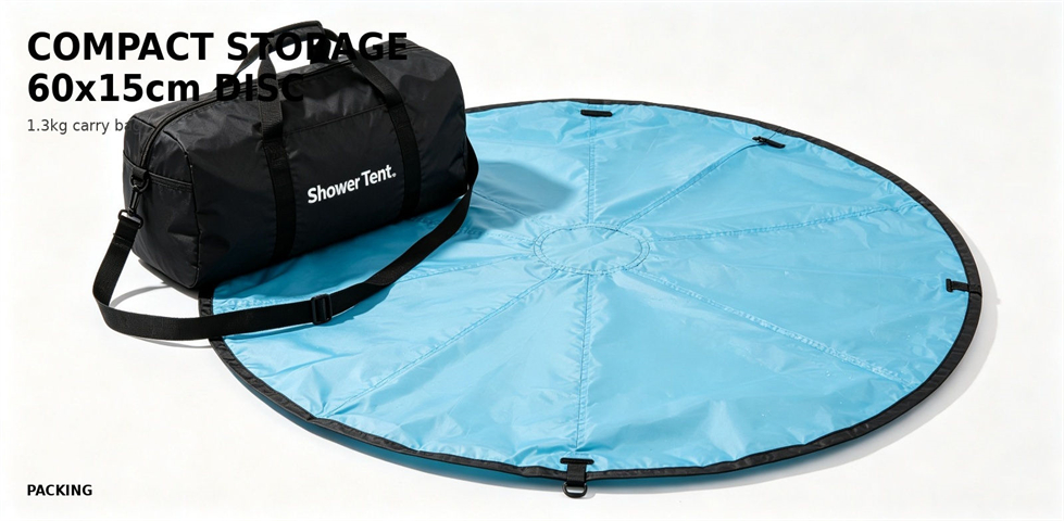 Portable shower tent packed into its compact carrying bag for procurement review and emergency camp allocation