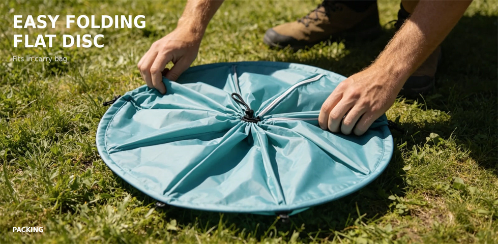 Portable shower tent folded flat for compact storage for procurement review and emergency camp allocation