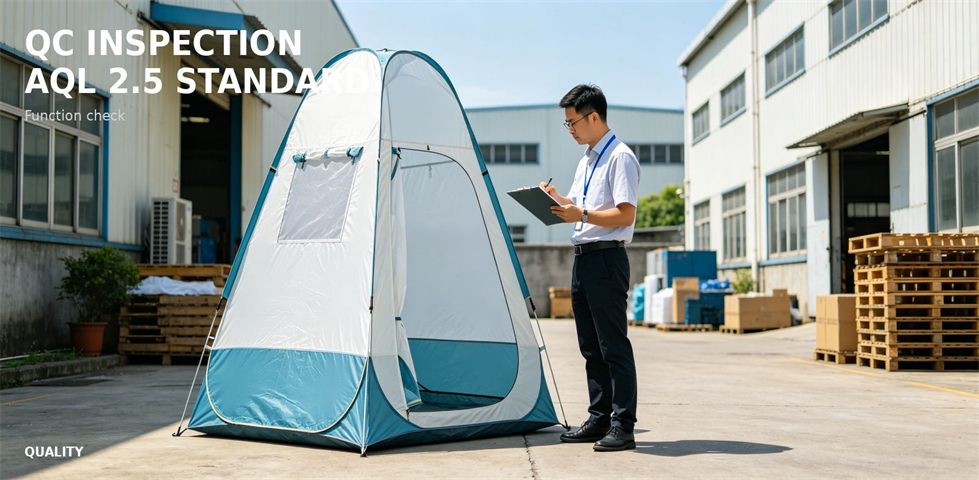 Portable shower tent inspected before bulk packing for procurement review and emergency camp allocation