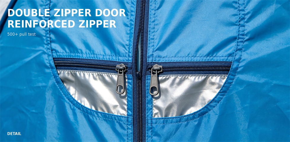 Double zipper entrance detail on a portable shower tent for procurement review and emergency camp allocation