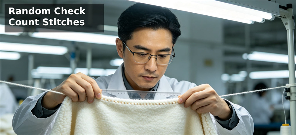 Relief blanket random sample check for stitching, surface feel and approved sample comparison