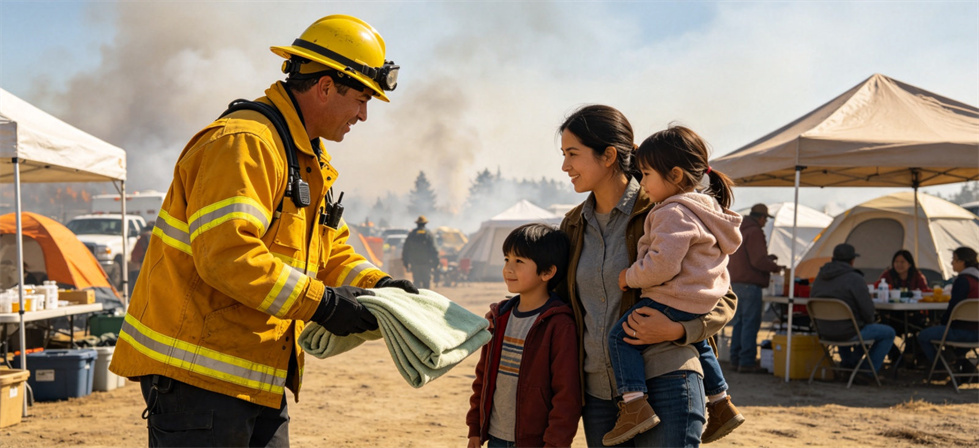 Emergency relief blanket camp selection scene for institutional buyer use-mode planning