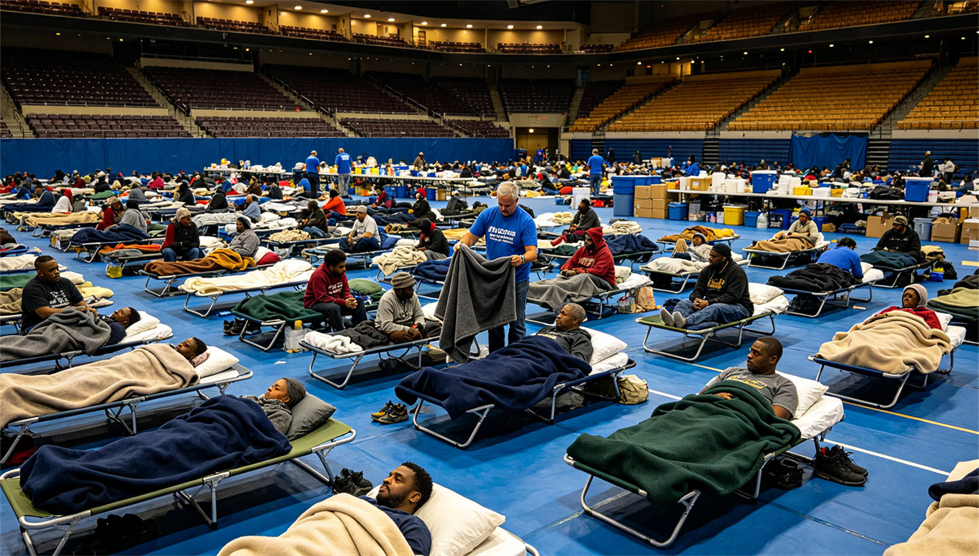 Emergency blanket temporary shelter use showing solid color blue scene for institutional procurement review