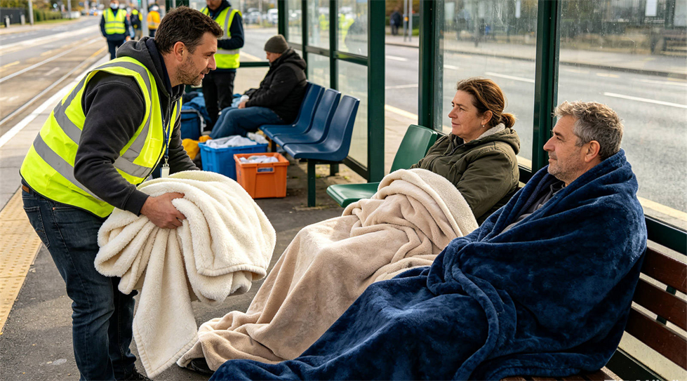 Emergency blanket field-use scene showing solid color navy blue for institutional procurement review Emergency blanket field-use scene showing solid color navy blue for institutional procurement review