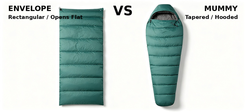 Envelope and mummy sleeping bag shapes compared for temperature range and shelter procurement