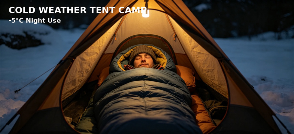 Cold-weather sleeping bag used inside a relief tent for shelter configuration review