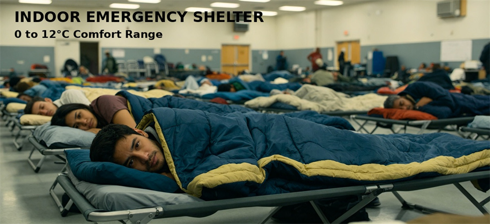 Sleeping bags arranged in an indoor emergency shelter for overnight accommodation planning
