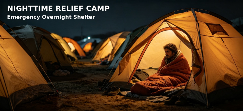 Sleeping bag deployed at a cold night camp for an unheated shelter planning example