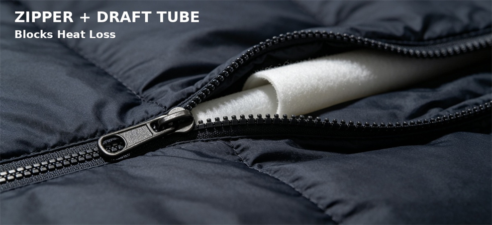 Sleeping bag zipper detail inspected for closure quality and reliable cold-draft control