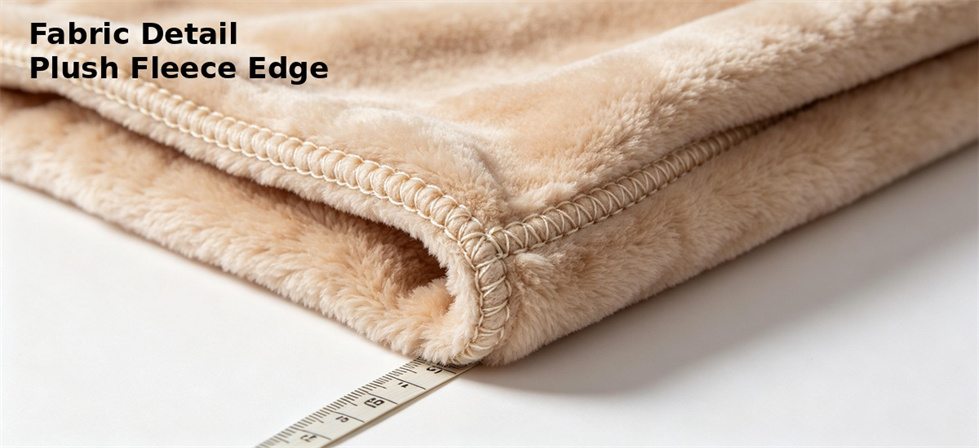 Close view of fleece blanket edge stitching for material and construction review in bulk sourcing