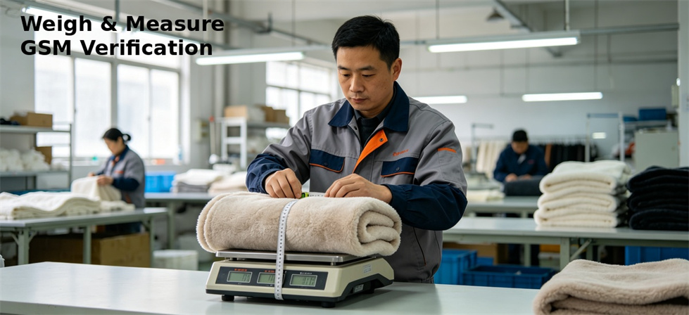 Worker weighing a folded blanket for finished piece weight and specification verification