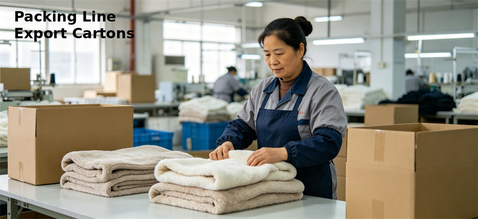 Blankets placed into cartons on a packing line for bulk shipment preparation and supply planning