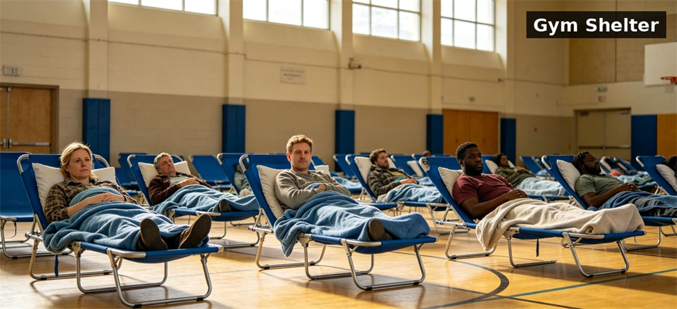 Folding beds with blankets arranged in a gym shelter for institutional accommodation