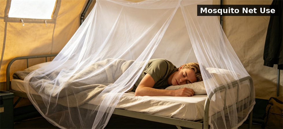 Mosquito net in use over a shelter bed for field accommodation and hygiene planning