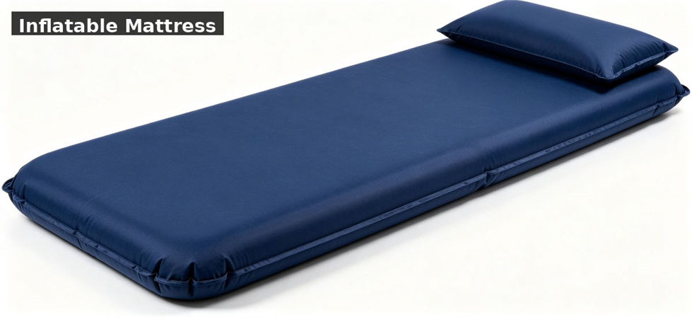 Inflatable mattress with pillow prepared for temporary shelter sleeping arrangements