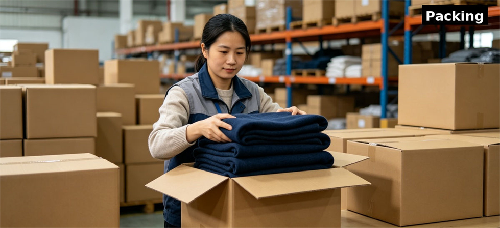 Worker packing folded relief blankets for institutional bulk orders for institutional bulk procurement review
