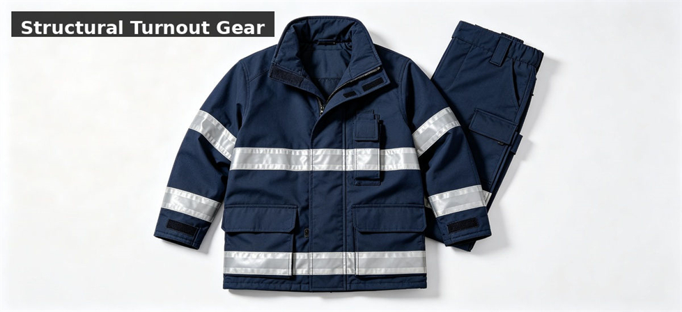 Structural turnout gear navy white bg for institutional procurement, inspection and supply planning
