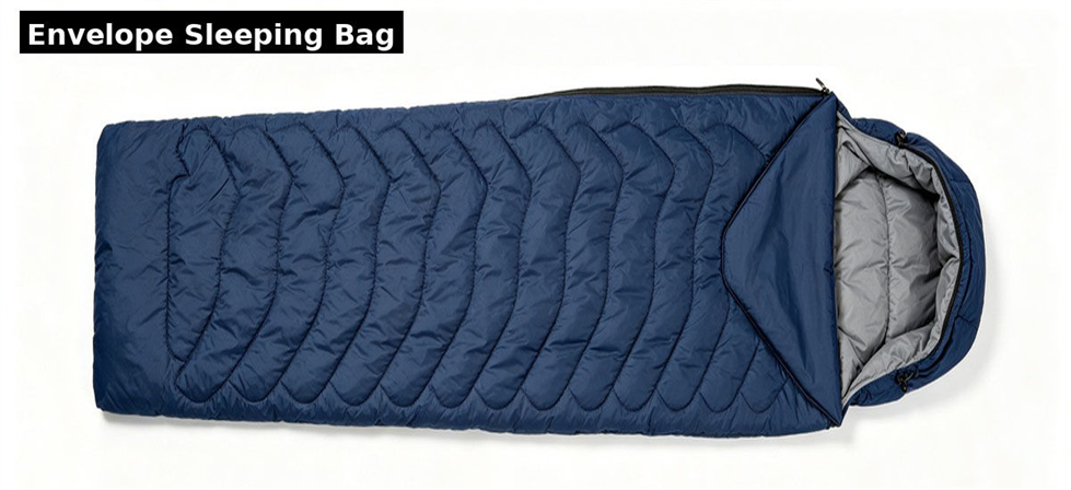 Envelope sleeping bag displayed open for institutional procurement comparison for government stockpile, institutional supply