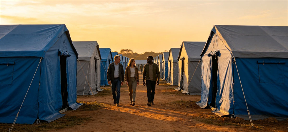 Relief camp with temporary tents illustrating emergency sleeping bag deployment for government stockpile, institutional