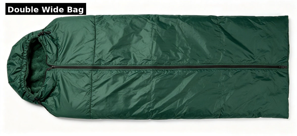 Double wide sleeping bag displayed for size and user capacity comparison for government stockpile, institutional supply and