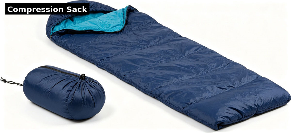 Sleeping bag with compression sack prepared for compact storage and transport for government stockpile, institutional supply