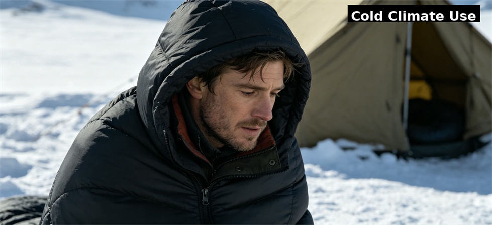 Sleeping bag used in a cold climate field setting for configuration review for government stockpile, institutional supply