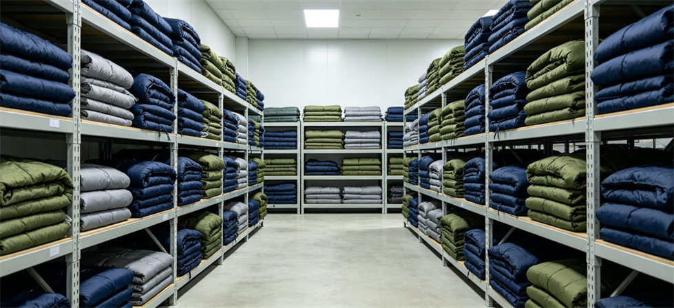 Sleeping bag inventory organized on warehouse shelves for stockpile management for government stockpile, institutional