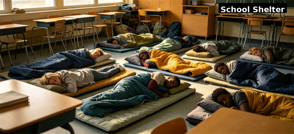 Sleeping bags arranged in a school shelter for temporary accommodation for government stockpile, institutional supply and