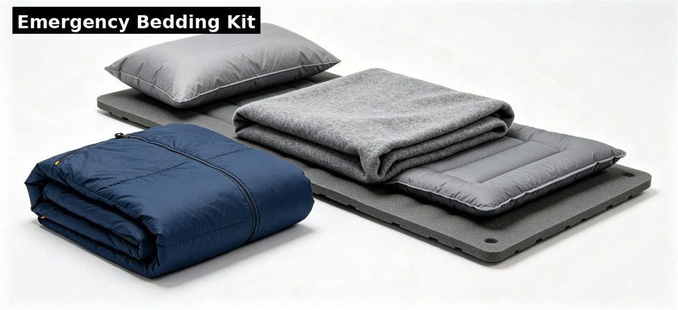 Emergency bedding kit combining sleeping bag and shelter sleeping accessories for government stockpile, institutional supply