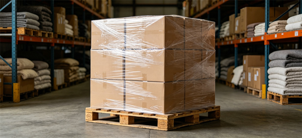Blanket pallet stacked shown for storage conditions and carton protection in institutional blanket procurement review