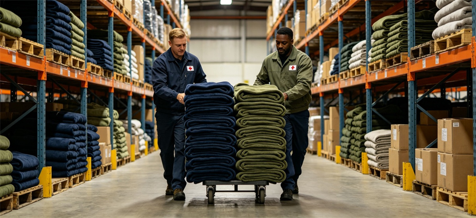 Community shelter blankets warehouse cart for institutional blanket procurement, inspection and supply plannin