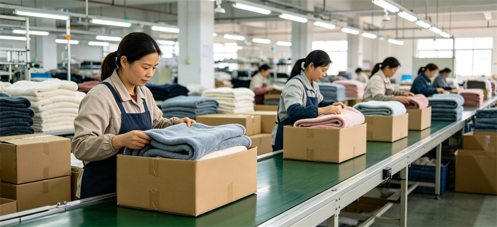 Blanket factory packing line shown for review labels and packing in institutional blanket procurement review