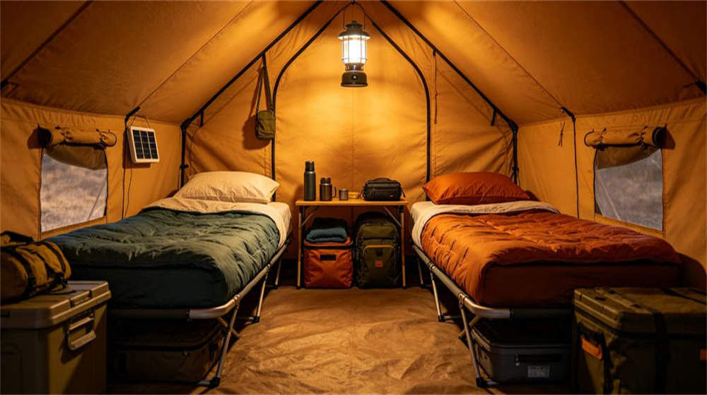 Remote camp tent interior with folding mattresses and bedding sets for worker comfort
