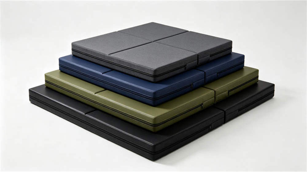 Multiple folding foam mattresses in dark grey navy olive green for remote camp bedding