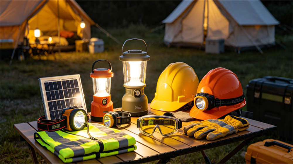 Remote camp lighting and PPE combination solar lamps helmets vests goggles gloves