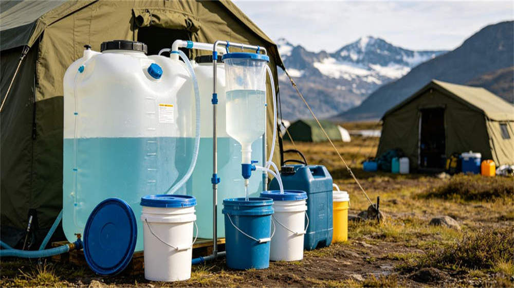 Bright sunny day remote camp with white and blue tents arranged in rows sandy ground