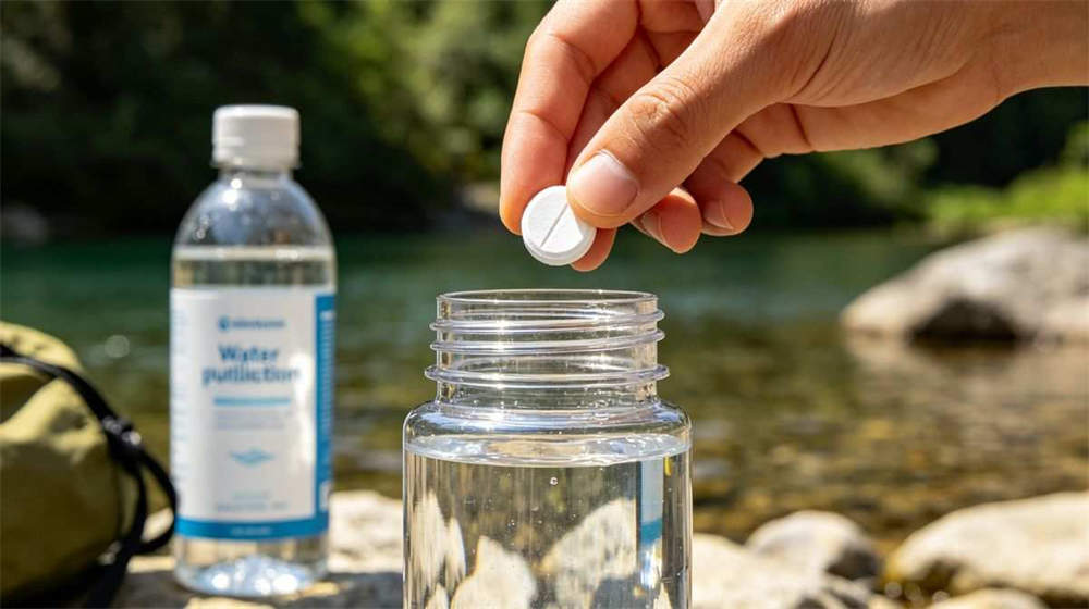 Water purification tablets being used outdoor dropping tablet into water bottle camping river setting Water purification tablets being used outdoor dropping tablet into water bottle camping river setting