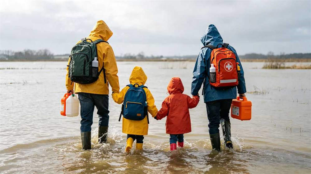 Flood evacuation family with children carrying emergency backpacks wearing rain ponchos