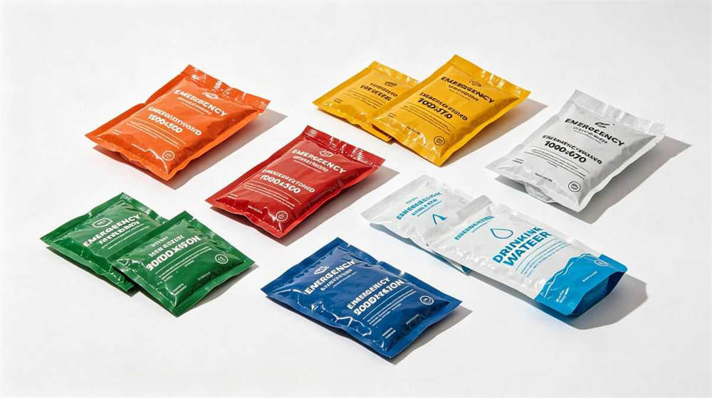 Emergency food rations and drinking water pouches multi color packages organized display