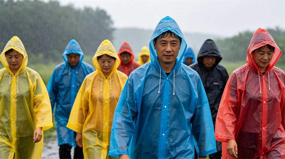 People wearing disposable emergency rain ponchos multiple colors in heavy rain outdoor People wearing disposable emergency rain ponchos multiple colors in heavy rain outdoor