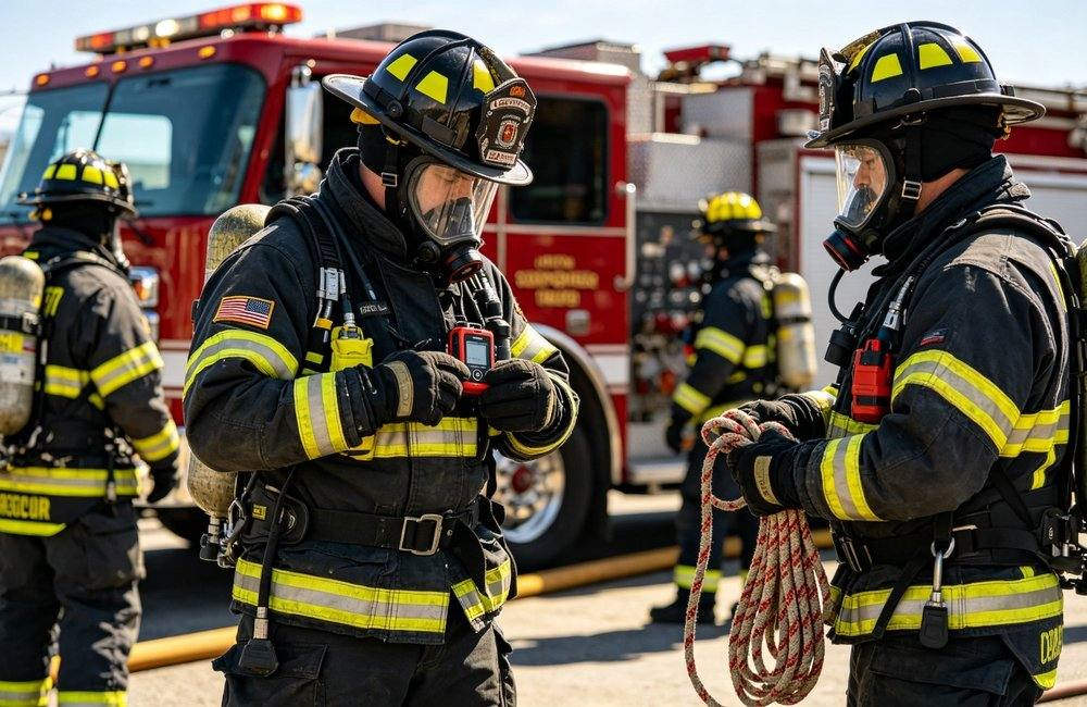 firefighter rescue team PASS device escape rope emergency