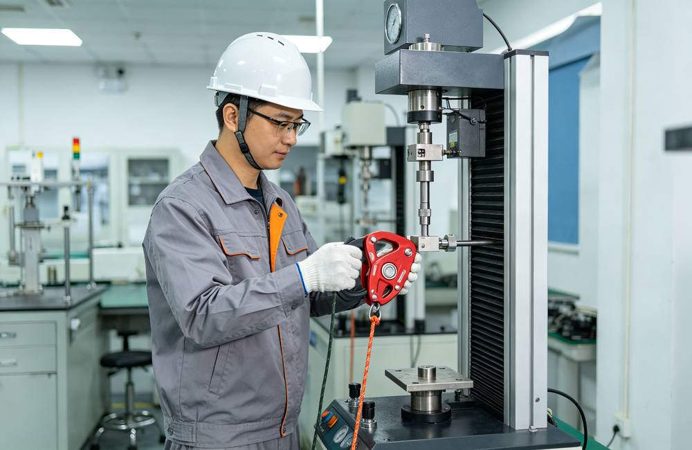 factory worker packing firefighter equipment carton shipping