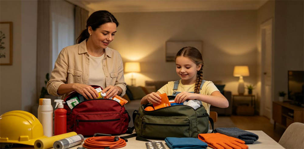 Family preparing household emergency kits at home with mother and daughter
