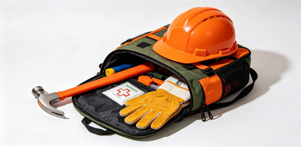 Family earthquake emergency kit with safety helmet pry bar gloves and first aid