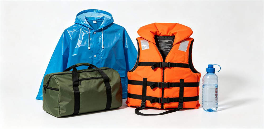 Family flood emergency kit with life jacket rain poncho waterproof bag water purification