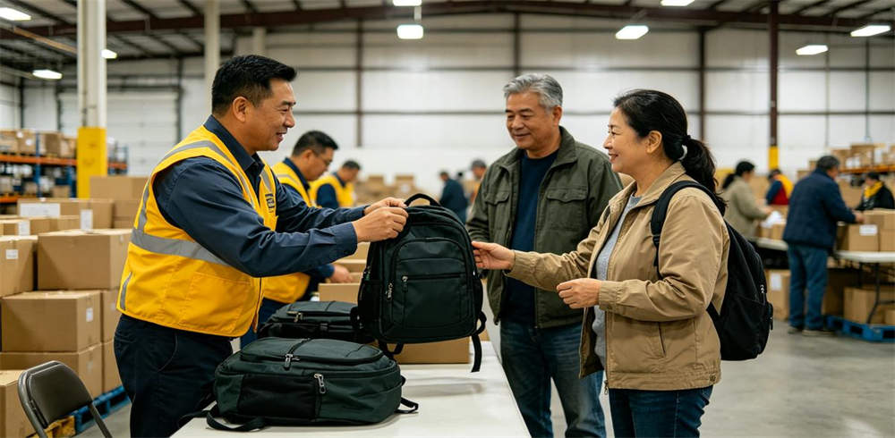 Government workers distributing emergency kits to people at community center warehouse