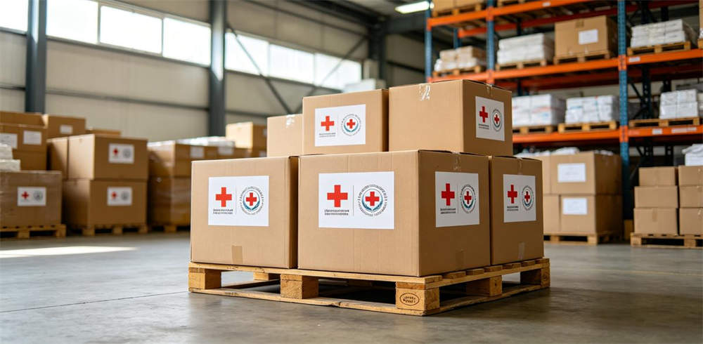 Humanitarian emergency kits packed in cartons with organization labels ready for shipping